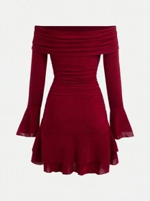 SHEIN Girlism Teen Girls Burgundy Volane Volanat Trim Rochie Bodycon Party Pentru Teen Girl, Rochie de Crăciun