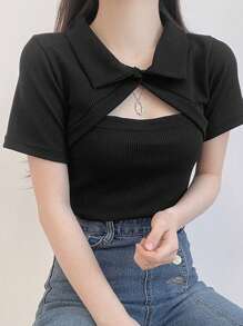 DAZY Collared Hollow-Out Solid Color Slim Fit Pullover T-Shirt Design - Black - View 6