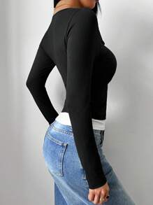 SHEIN LUNE Blusas simples de unicolor con costuras de manga larga para el ocio diario de las mujeres