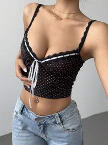 Aloruh Women Lace Polka Dot Printed Bowknot Camisole - Black - View 6