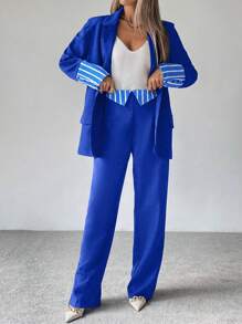 SHEIN Clasi 女士秋季翻领条纹拼接长袖夹克和裤子休闲套装 - 寶藍色 - 查看 3