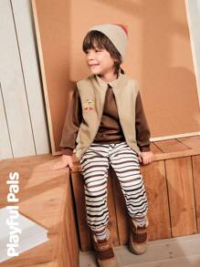 SHEIN 3 件套年轻男孩套装无袖背心和 T 恤和运动裤套装可爱/复古/休闲/家居/郊游冬季/秋季服装小男孩衣服/小男孩秋装 - 彩色 - 查看 2