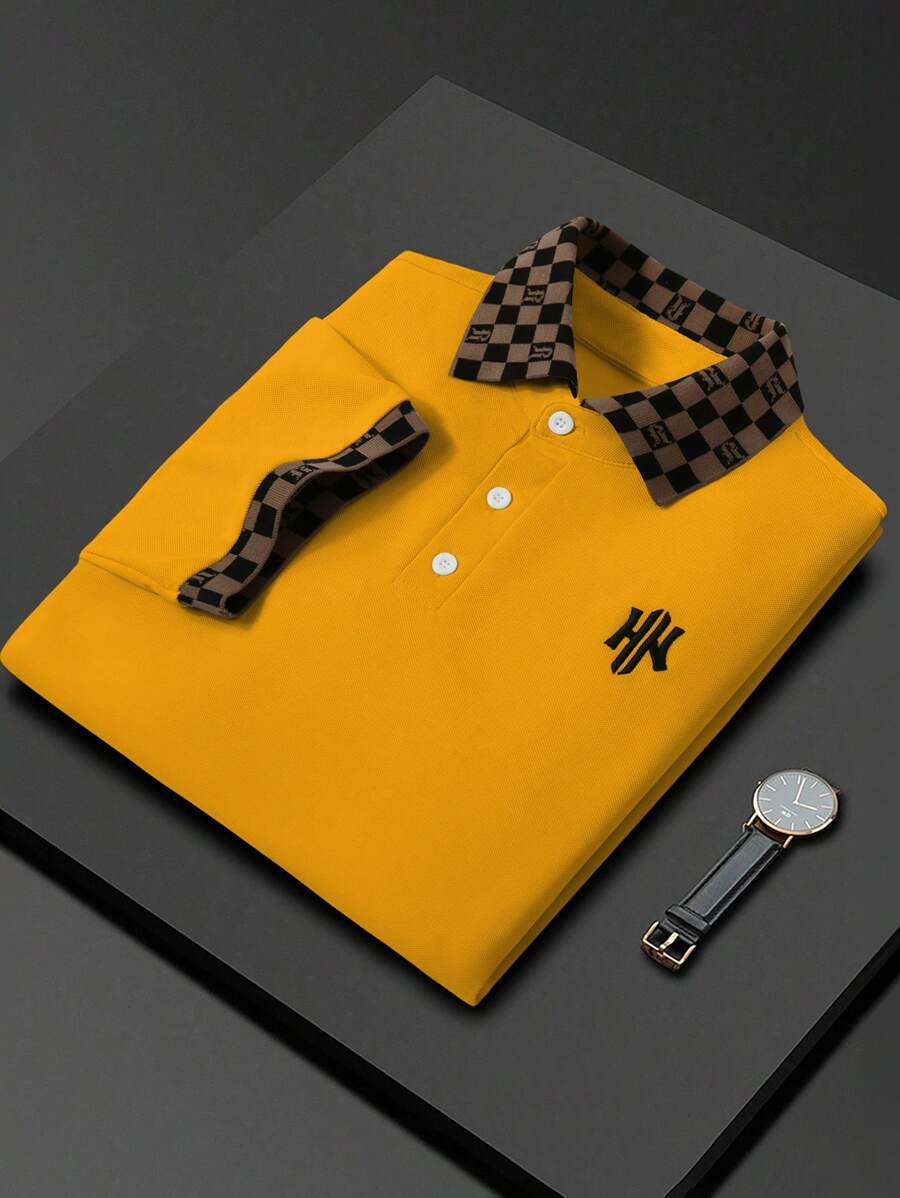 Calvornis 1pc Men's Business Casual Colorblock Checkerboard Patchwork Letter Embroidery Short Sleeve Polo Formal Shirt, Summer, Ceremony - Yellow - View 1