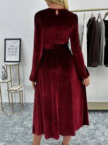 SHEIN Pregnant Women's Solid Round Neck Lantern Sleeve, Knotted Waistline Long Elegant Dress, Autumn, For Maternity, For Winter For New Year Holiday Party Clothes - Burgundy - View 2