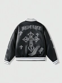 ROMWE MEN Street Life Men's Cross & Letter Embroidery Baseball Jacket - Black - View 2
