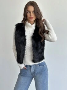 Firerie 新品秋冬简约优雅性感黑色蓬松无袖背心，时尚派对和日常穿着 - 黑色 - 查看 1