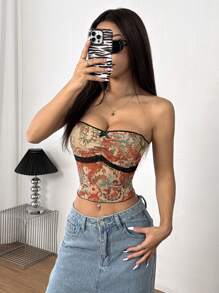 INAWLY Sexy crop top met bloemenprint en kantversiering en strikdecoratie voor dames
