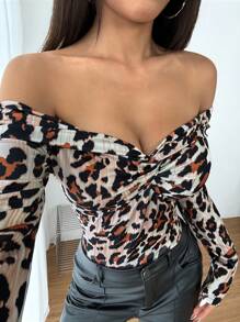 INAWLY Women Sexy Off Shoulder Twist Leopard Print Bodysuit - Apricot - View 6
