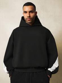 SUMWON Oversized Pullover Athletic Hoodie With White Contrast Sleeve Panels Retro Style Winter Fall Streetwear Centre Pocket - Black - View 2