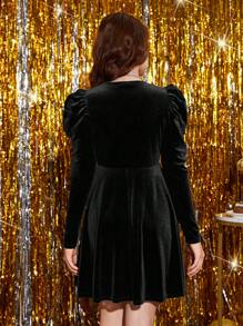 Teen Girls' Black Knit V-Neck Gigot Sleeve Velvet Party/Graduation Dress