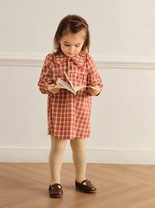 SHEIN Girls Spring/Autumn Peter Pan Collar Long Sleeve Plaid Princess Dress - Red - View 4
