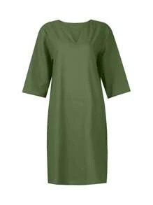 SHEIN Sukienka damska w jednolitym kolorze z dekoltem w serek i półrękawem, luźna, w kształcie litery A, do połowy łydki, jesień