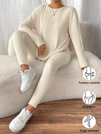 SHEIN Frenchy Camiseta de punto acanalado de escote caído y mallas de tela texturizada, conjunto de dos piezas