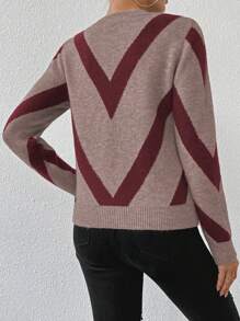 SHEIN PETITE Áo len sọc hình học cổ tròn, hàng mới về mùa thu/đông 2024 - Nhiều màu - Xem 2