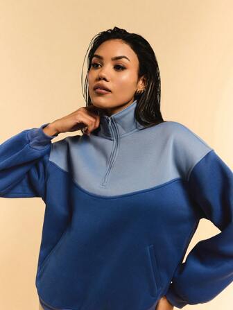 Athîral Women Casual Sporty Color Block Zipper Half-Zip Stand Collar Sweatshirt, Autumn