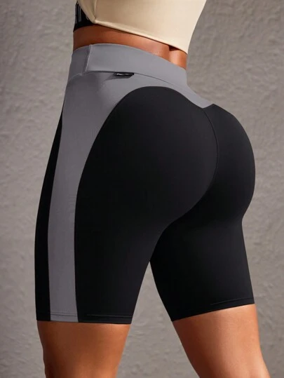 Powerista Pantalones cortos deportivos de cintura alta sin costuras con pespunte de color contrastante