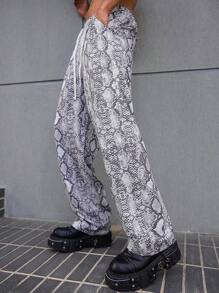 Manfinity EMRG Men's Snake Skin Print Pattern Elastic Waist Straight Leg Pants, Men's Street-Style INS Loose-Fit Long Pants, Y2k Baggy Going Out Slacks Pants, For Husband, Boyfriend Gifts - Multicolor - View 2