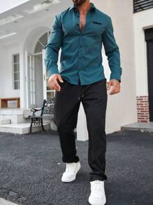 Manfinity Homme Ensemble casual de chemise à manches longues et pantalon unicolore coupe ample pour hommes, automne - Multicolore - Voir 5