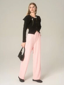 2 件套优雅可爱的现代通勤套装，适合少女：高领毛衣上衣和阔腿裤