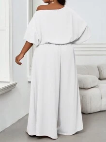 SHEIN Lady 秋冬优雅复古工作休闲办公室香槟色编织露肩舞会礼服主教袖露背新品大码连体裤 - 白色 - 查看 2