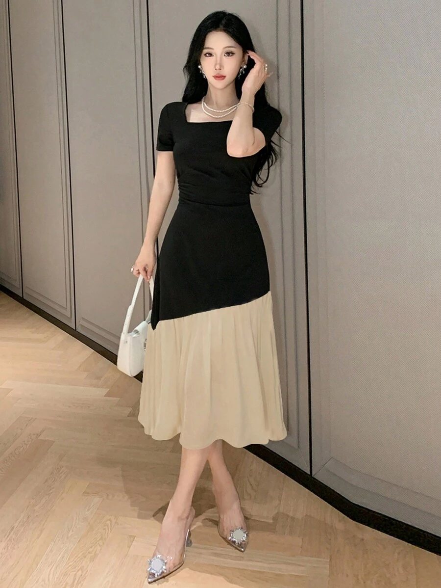 DAZY 女士撞色拼接连衣裙,适合约会、舞会、婚礼等场合,荷叶边设计,优雅女士长裙 - 卡其色 - 查看 1