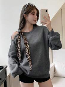 DAZY 1 件女式全印花豹纹系带拼接宽松休闲运动衫 - 灰色 - 查看 7