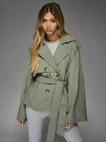 MISSGUIDED Skrócony dwurzędowy płaszcz typu trencz z szerokimi klapami, odzież wierzchnia, jesień, zima, lekka kurtka, krótka, strukturalna, wiosenna, modna, z paskiem, odzież robocza