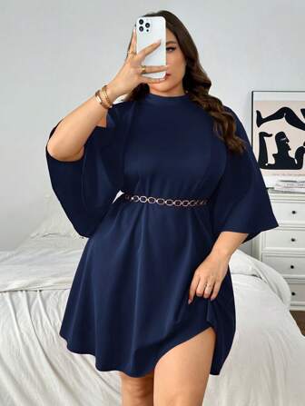 SHEIN Privé 大码宽松 A 字裙，女款蝙蝠袖露背酒红色休闲连衣裙，适合婚礼和度假，新品上市