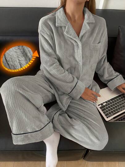 DAZY 条纹纹理法兰绒加厚简约蓬松睡衣套装，冬季、秋季保暖舒适