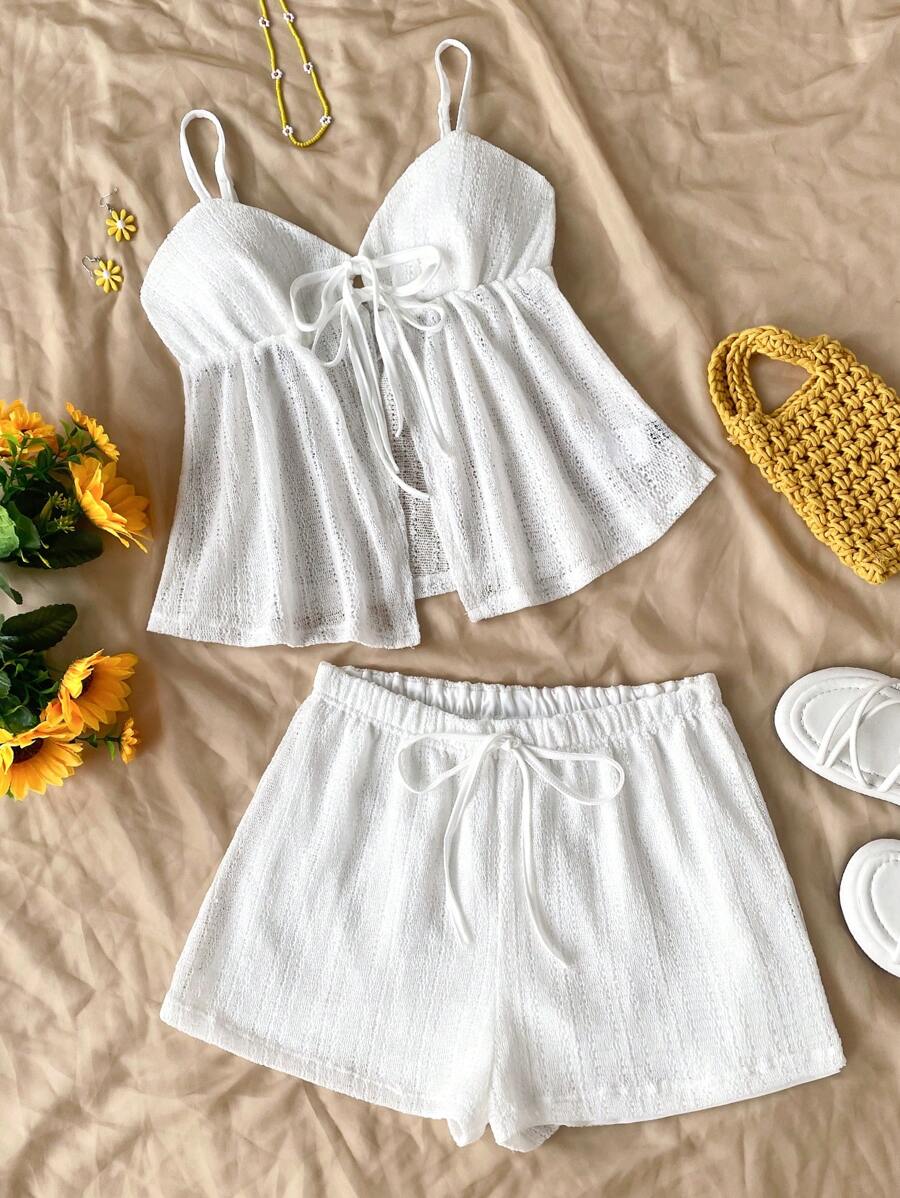 Soleia WYWH Women 2-Piece Set, Casual Knitted Textured Cute Outfit Suitable For Beach, Easter, Graduation, Wedding, Party Lunch, Garden Afternoon Tea - White - View 1