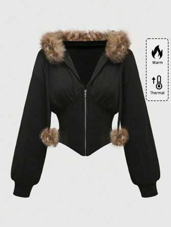 Grunge Punk Y2K Gyaru Subculture Retro Slim Leopard Print Faux Fur-Collar Hooded Sweatshirt For Women, Long Sleeve Tops Graduation,Back To School Outfits,Graduation,Teacher Outfits For Women,Back To School