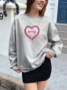 Jouncy Women's Heart & Cherry Print Round Neck Casual Sweatshirt, Autumn, Fall Outfit