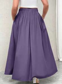 SHEIN Privé 大码女式灰色高腰褶皱 A 字裙，带口袋，松紧腰，适合秋季和返校 - 紫色 - 查看 2