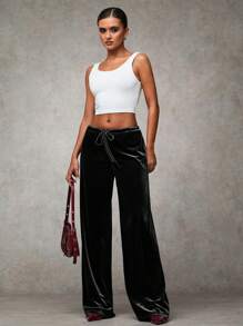 SHEIN BAE Women Minimalist Style Drawstring Waist Loose Wide Leg Long Pants - Black - View 4