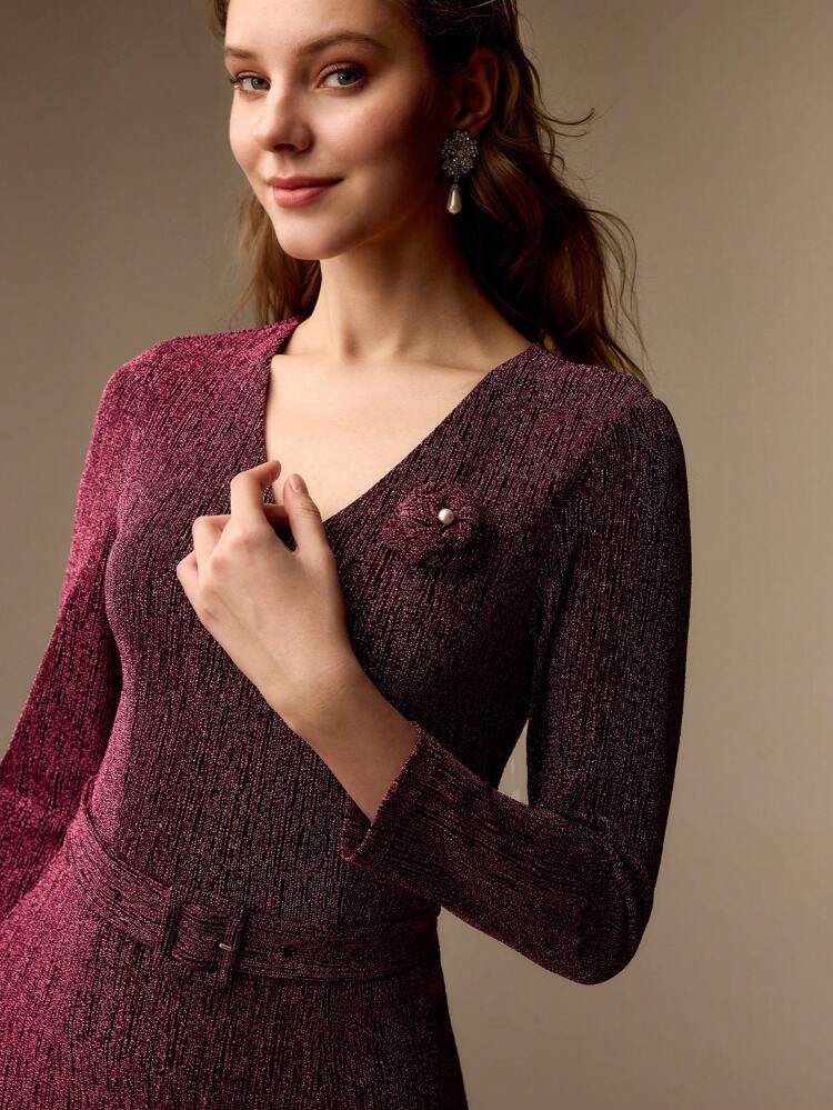 GLITTER V-NECK STEREO FLOWER DETAIL MERMAID HEM BUCKLE BELTED LONG DRESS, WOMEN OUTFIT