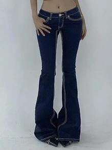 DAZY Women's Low Waist With Pockets Casual Flare Leg Jeans