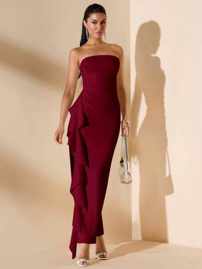 SHEIN BAE Women Summer Wedding Bridesmaid Sleeveless Strapless Sexy Ruched Split Ruffled High Slit Wrap Dress, White,Valentine's Day,Valentine Outfits For Women