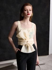 MOTF PREMIUM 对比亮片刺绣花卉图案大蝴蝶结正面仿珍珠装饰背心