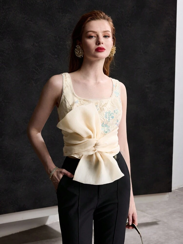 CONTRAST SEQUIN EMBROIDERY FLORAL PATTERN BIG BOW FRONT FAUX PEARL TRIM TANK TOP