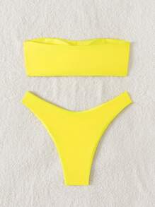 Swim Mod 夏季海滩纯色比基尼套装抹胸文胸和高腿剪裁下装 2 件套比基尼