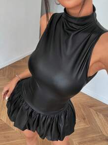 SHEIN EZwear Black Leather Solid Color Splice Flower Bud Hem Backless Sleeveless Dress