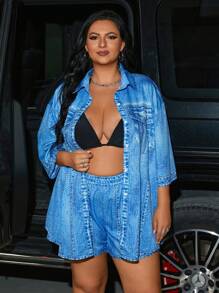 Plus Size Women 2pcs Set, Floral Print Long Sleeve Top And Shorts, Loose Outfit, Autumn Summer - Blue - View 5