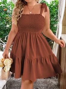 SHEIN LUNE Plus Size Boho Casual Solid Color Tied Strap Dress, For Holiday, For Summer - Rust Brown - View 5
