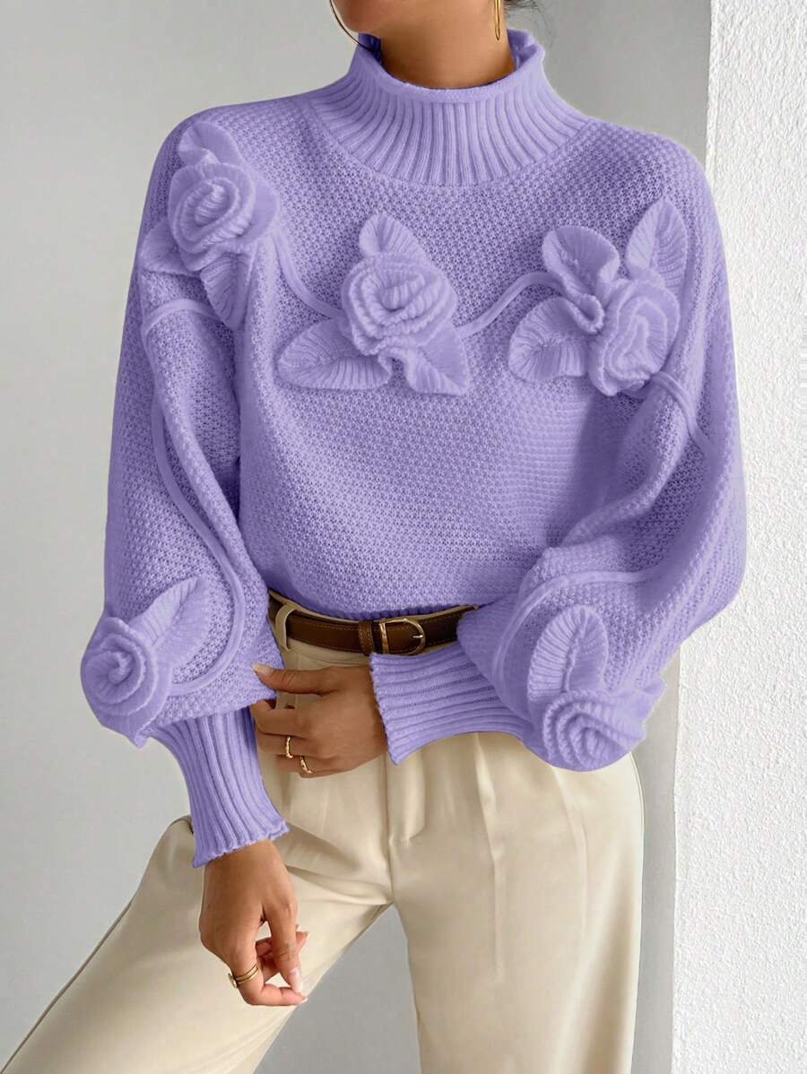 SHEIN Unity 1件女士3D立体花朵装饰高领长袖优雅套头毛衣，秋冬针织套头衫 - 紫色 - 查看 1