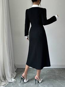 SHEIN PETITE 1pc Women Elegant Color Block Long Sleeve Button Front Midi Dress