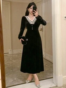 DAZY 女士优雅撞色蕾丝纽扣装饰中长连衣裙，秋冬，新年舞会礼服长袖连衣裙