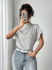 Selianne 女士优雅休闲立领短袖条纹衬衫，褶皱设计，办公室穿着，简约