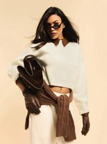 Athîral Barnfit Style-Women Casual Contrast Color Crew Neck Drop Shoulder Cropped Sweater, Autumn/Winter