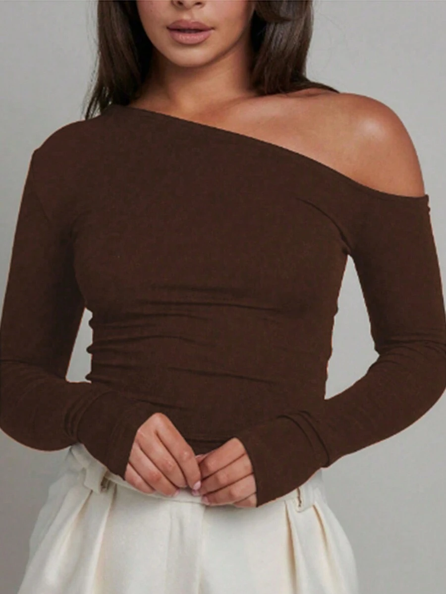 INAWLY Women's Solid Color Asymmetrical Neck Long Sleeve T-Shirt Fall Cloth For Women - Coffee Brown - View 1