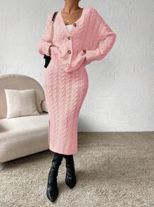 Chiquease 2pcs Solid Color Twist Knit V-Neck Button Front Cardigan And Skirt Knit Set - Pink - View 7